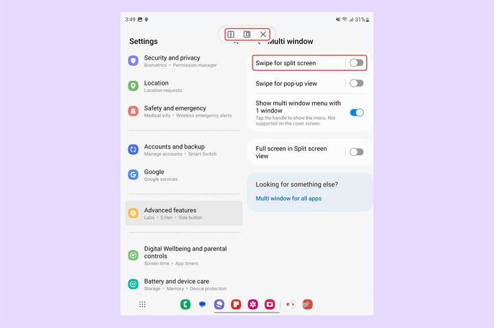 Samsung Galaxy Z Fold 5 multiwindow split screen swipe gesture.