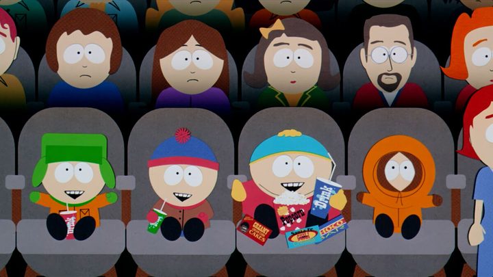 The four kids in South Park at a movie theater.