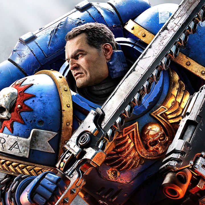 Key art for Warhammer 40,000: Space Marine 2 featuring Titus holding a sword and ready for battle in blue armor.