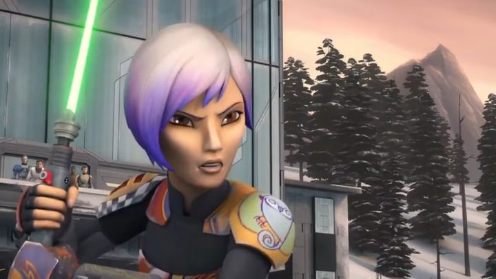 Sabine wielding a green lightsaber in "Star Wars: Rebels."