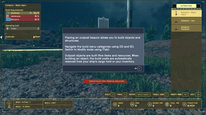 A tutorial prompt on building an outpost in Starfield.