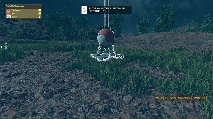 A outpost beacon being placed on an alien planet.