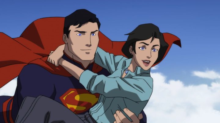 Superman flying while carrying Lois Lane in the animated movie The Death of Superman.