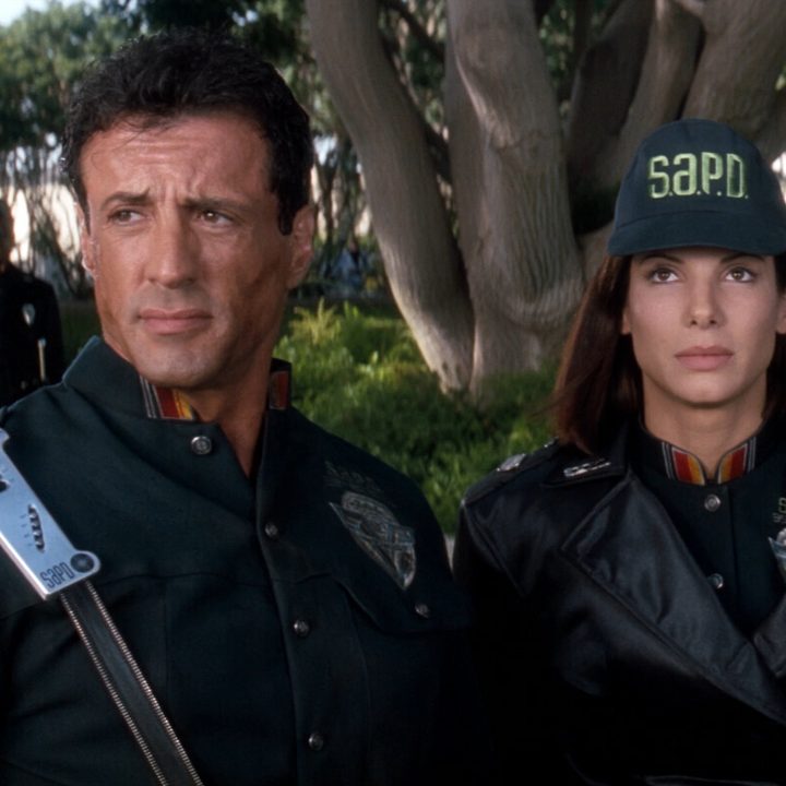 Stallone and Bullock in Demolition Man.