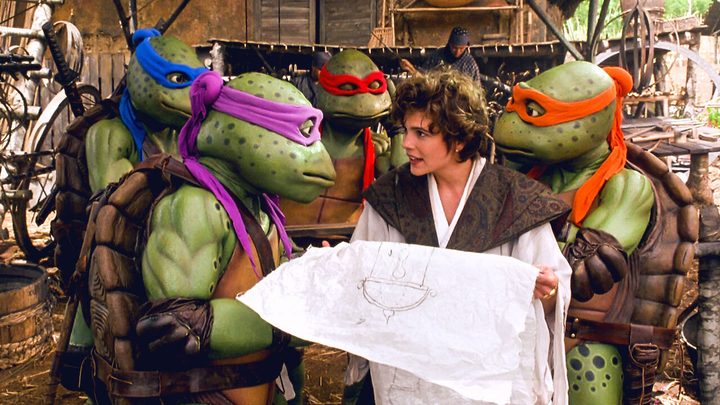 April O'Neil and the TMNT in Teenage Mutant Ninja Turtles III.