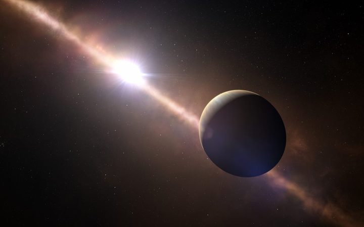 Artist’s impression of the planet Beta Pictoris b orbiting its star.