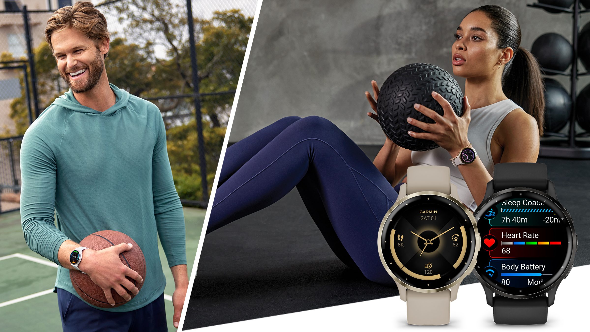 Garmin announces the Venu 3 smartwatch series. Shows both smartwatches and two people using them