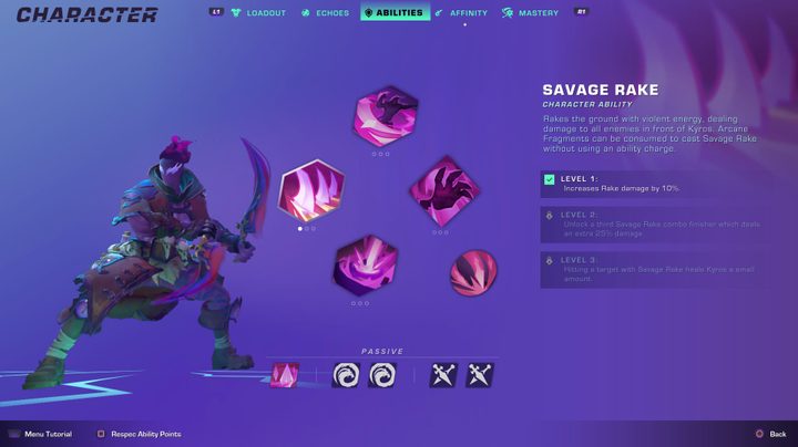 Menu showing the abilities of Kyros in Wayfinder