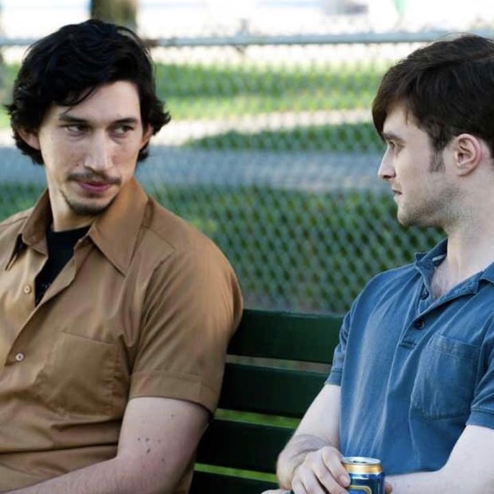 Adam Driver and Daniel Radcliffe sit next to each other on a bench in What If.