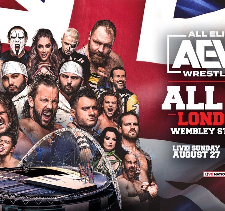 Wrestlers on the poster for AEW All In at Wembley Stadium.