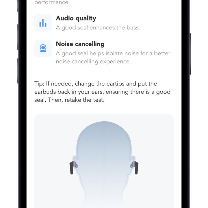 Soundcore app for iOS ear fit test start.