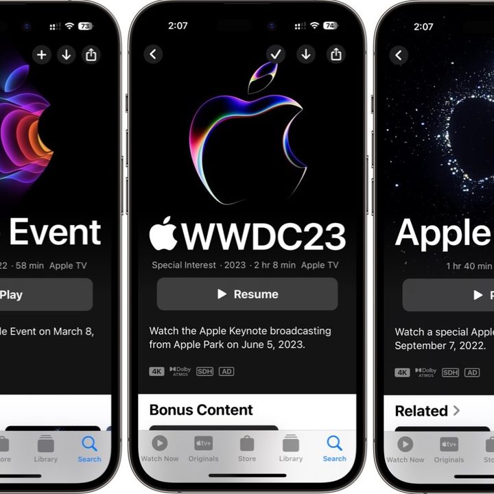 A screenshot of Apple event links from the Apple TV app on an iPhone