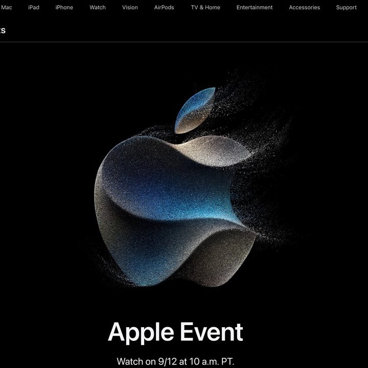 The Apple Events webpage showing the September 2023 event signage