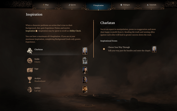 An inspiration menu in Baldur's Gate 3 shows different bonuses.