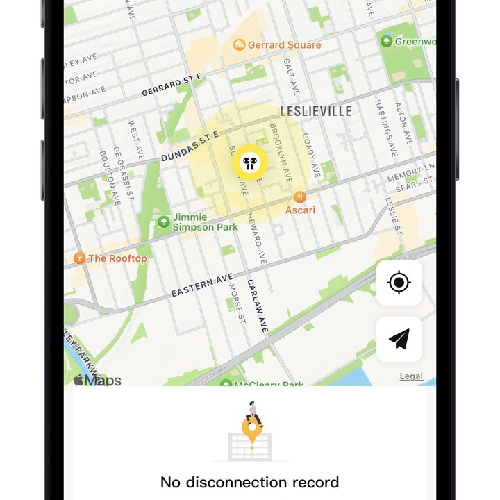 Baseus app for iOS earbud locator map screen.