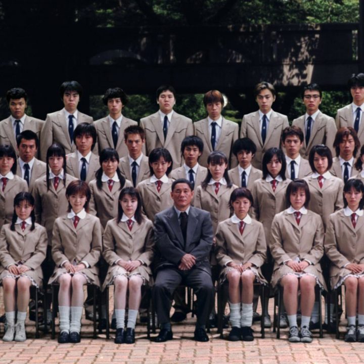 The cast of "Battle Royale" assemble for a photo.