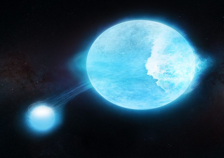 Artist conception of the system, where the smaller star induces breaking surface waves in the more massive companion.
