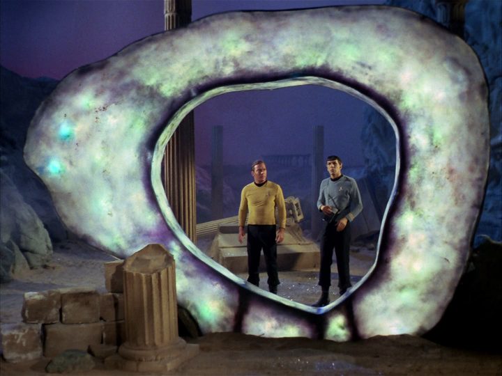 Kirk and Spock stand before the gateway of the Guardian of Forever in "City on the Edge of Forever"