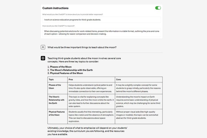 ChatGPT custom instructions example by OpenAI.