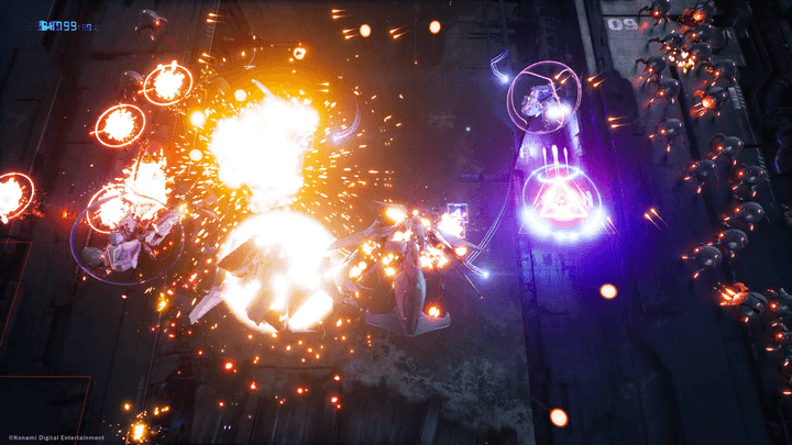 A ship flies through explosions in CYGNI: All Guns Blazing.