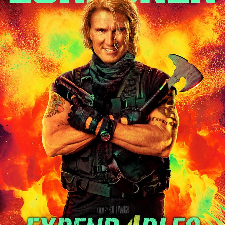 Dolph Lundgren holds an ax and gun on Expend4bles poster.
