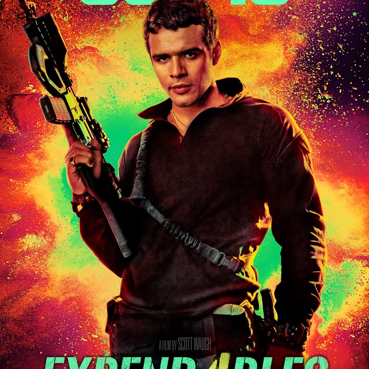 Jacob Scipio points his gun up in Expend4bles poster.