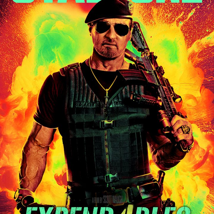 Sylvester Stallone places gun over shoulder on Expend4bles poster.