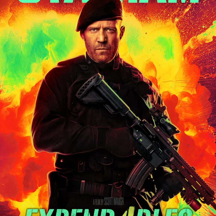 Jason Statham holds gun on Expend4bles poster.