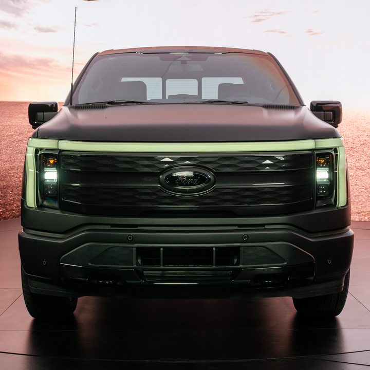 A Ford F-150 Lightning Platinum Black model front grille.