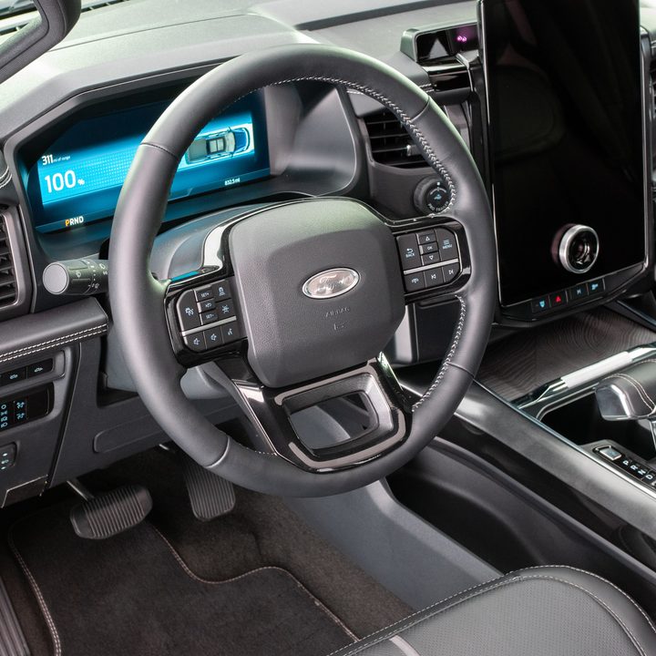The interior of an F-150 Lightning Platinum Black model.