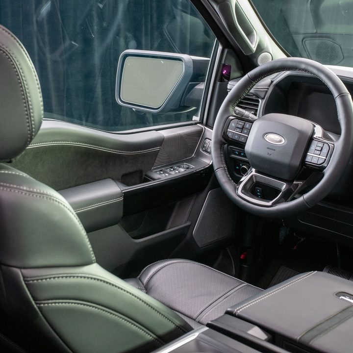 The interior of an F-150 Lightning Platinum Black model.