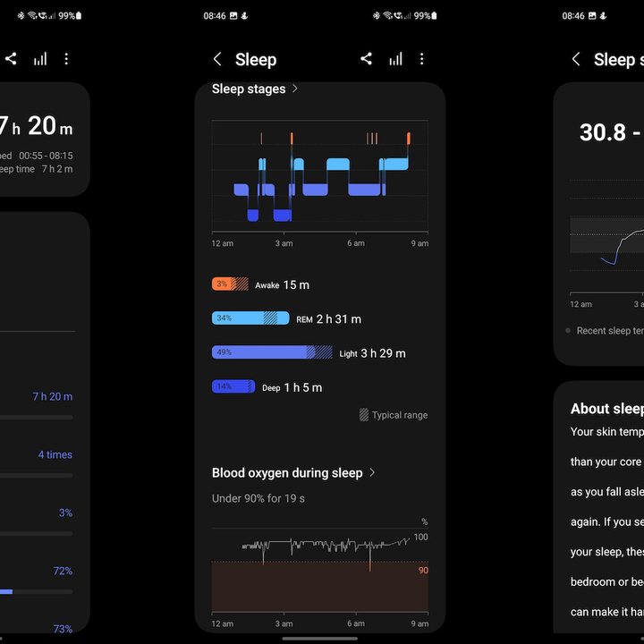 Screenshots taken from the Samsung Health app, when connected to a Galaxy Watch 6 Classic.