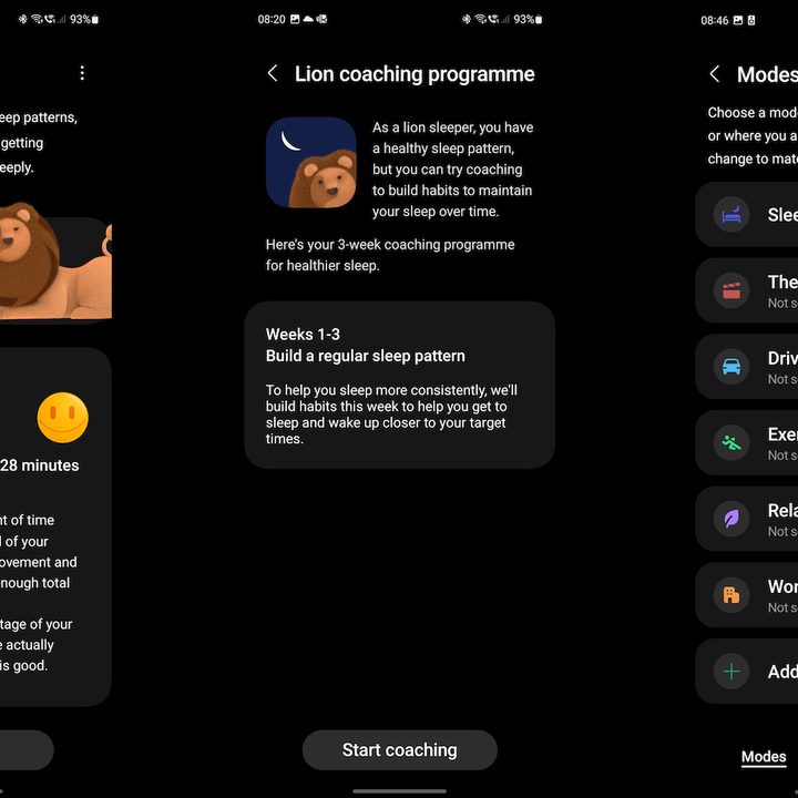 Screenshots taken from the Samsung Health app, when connected to a Galaxy Watch 6 Classic.
