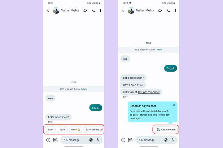 Google Messages suggested actions.