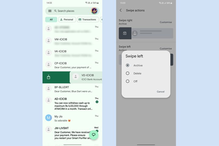 Google Messages swipe gestures to delete or archive messages.