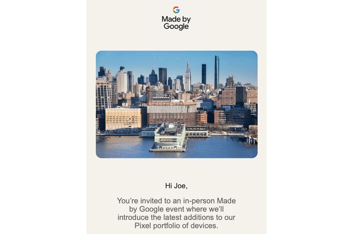 Event invite for Google's Made by Google event happening in October 2023.