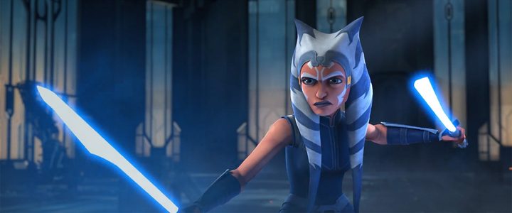Ahsoka Tano readies her lightsabers before facing Maul on Mandalore