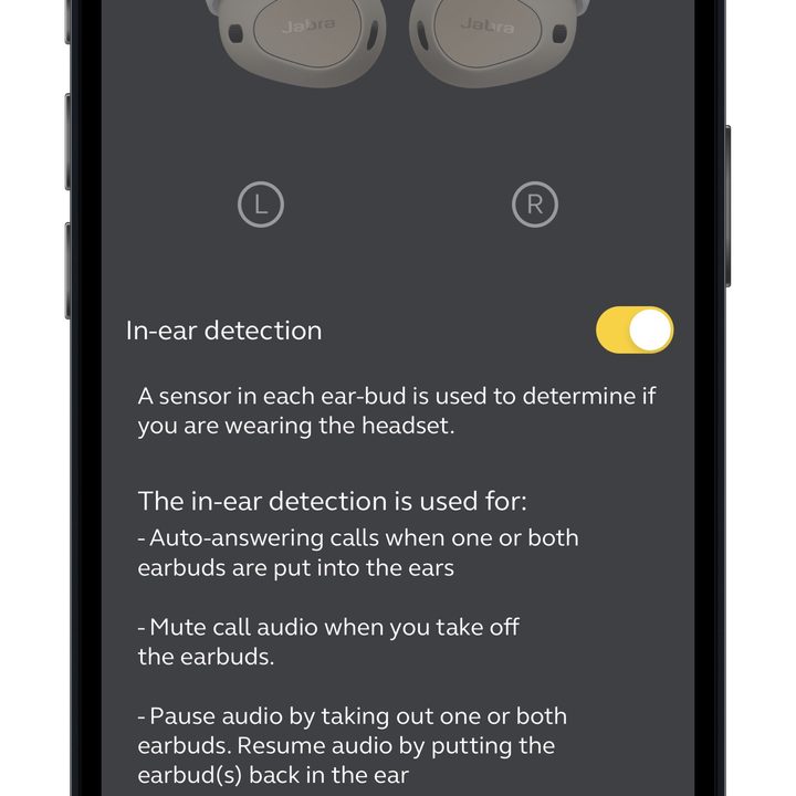 Jabra Sound+ app for iOS in-ear detection settings.