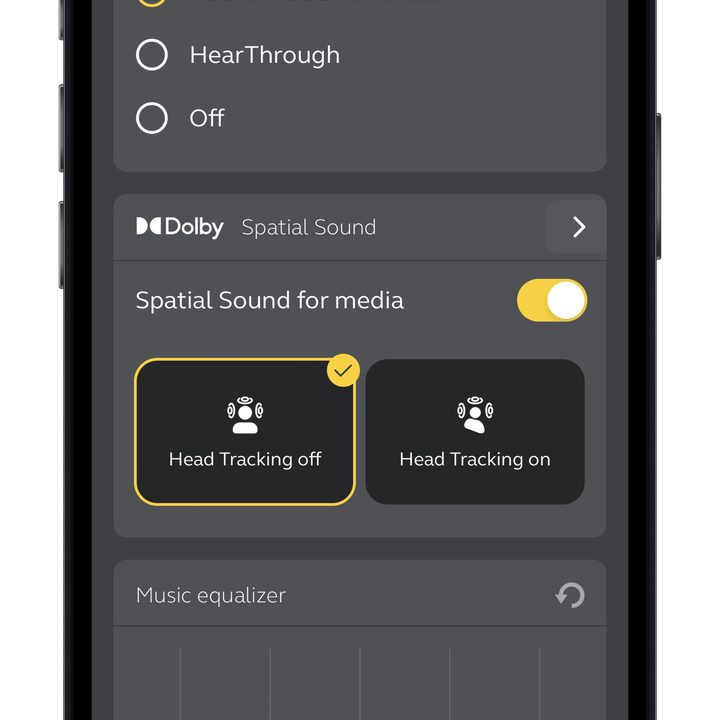 Jabra Sound+ app for iOS Dolby Atmos spatial audio settings.