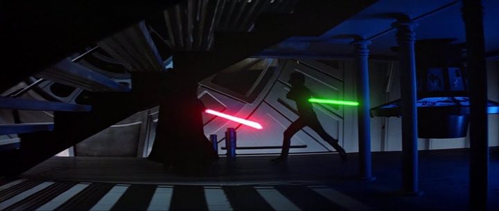 Luke swings at Vader during their lightsaber fight on the second Death Star
