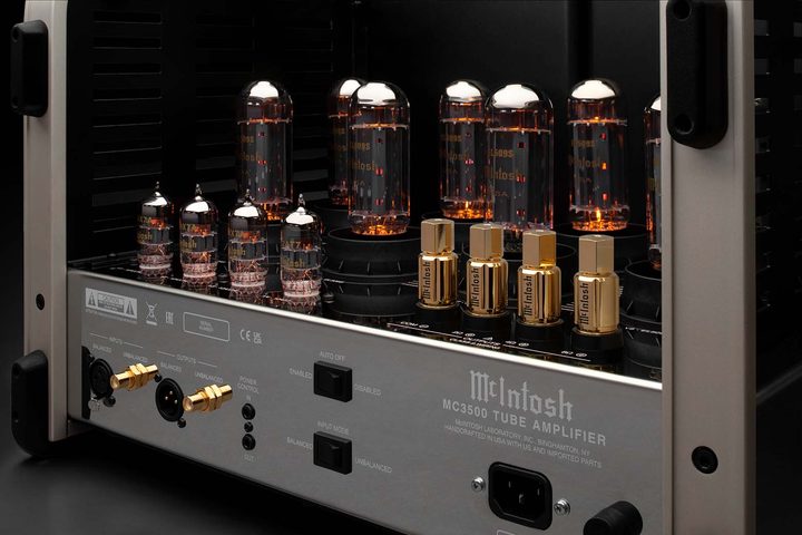 McIntosh MC3500 MKII monoblock tube amplifier, with vacuum tubes visible.