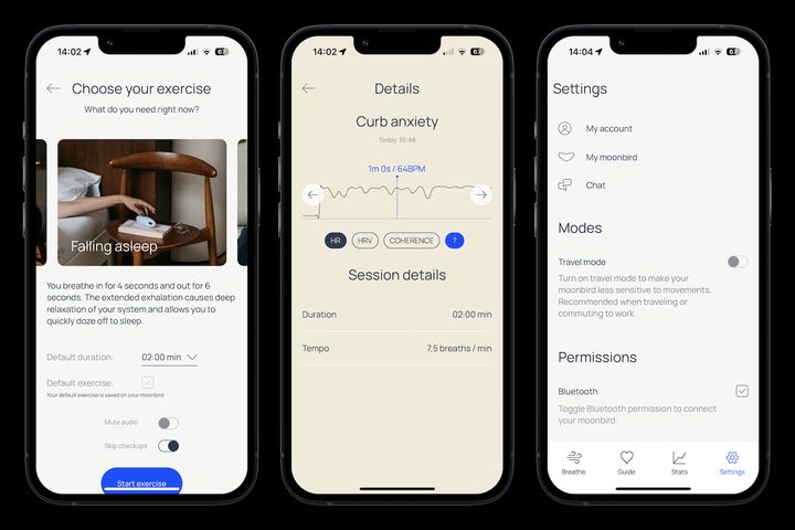 Screenshots from the Moonbird's app.