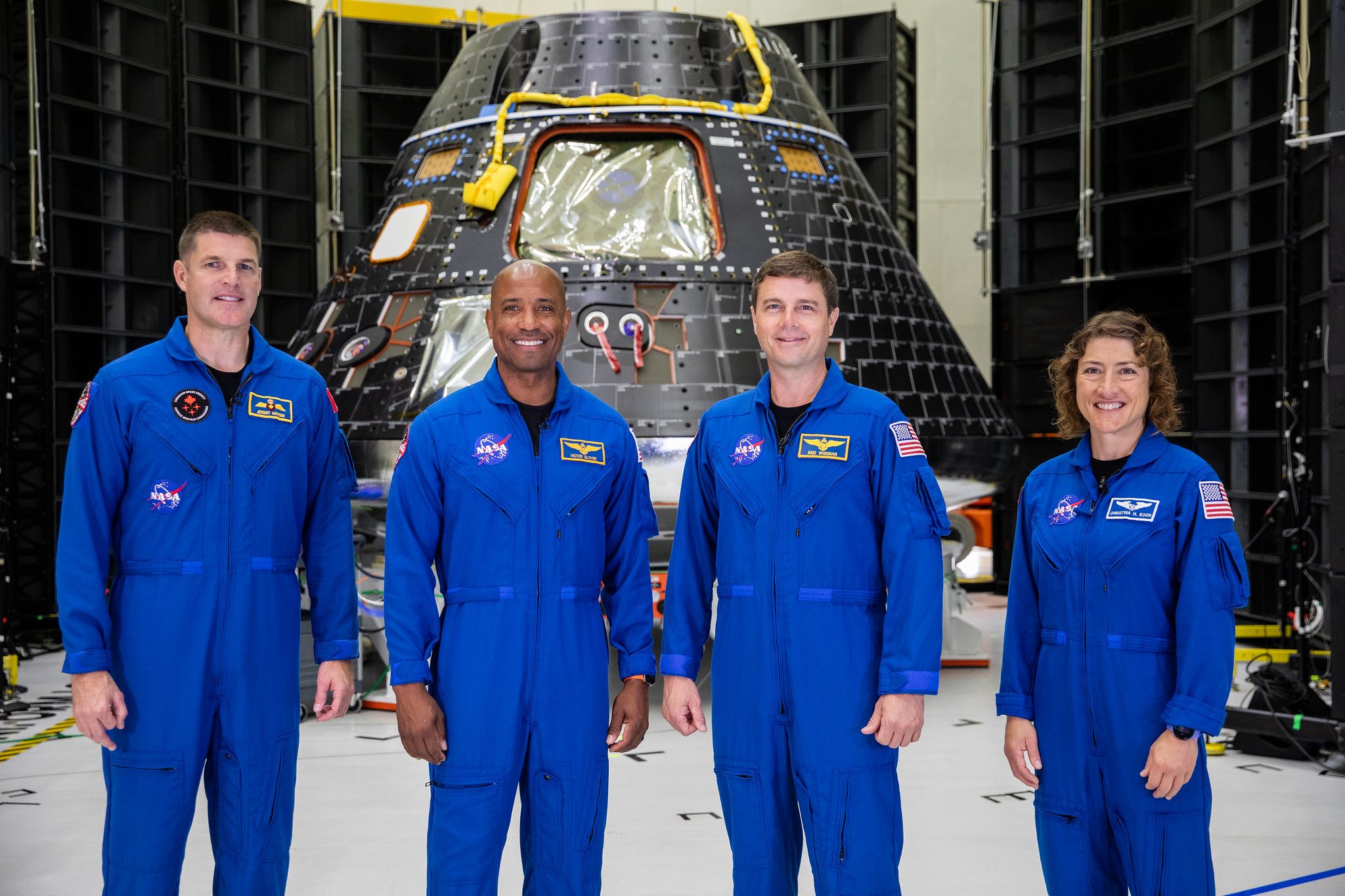 Artemis II crew members, shown inside the Neil Armstrong Operations and Checkout Building at NASA&rsquo;s Kennedy Space Center in Fl