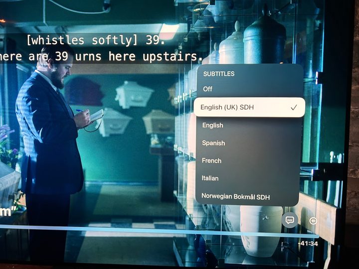 A subtitles menu for a Netflix show is seen on an Apple TV 4K.