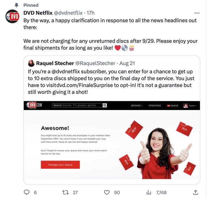 A screenshot of the DVDNetflix Twitter account stating that the final discs from the service don't need to be returned.