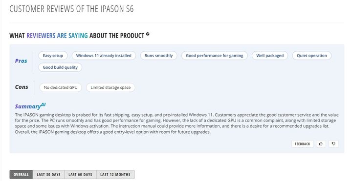 AI-generated review summary on Newegg.