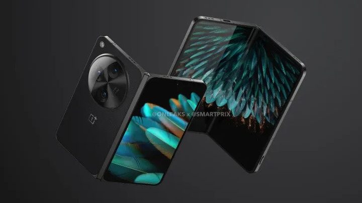 Render of the OnePlus Open inner display and exterior with cover display on.