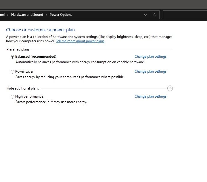 Windows 10 power options.