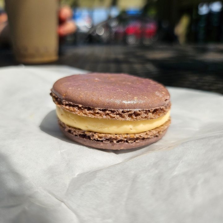 A photo from the Samsung Galaxy Z Flip 5, showing a brown macaron.