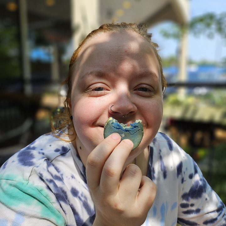 A photo from the Samsung Galaxy Z Flip 5, showing a person holding up a blue macaron.